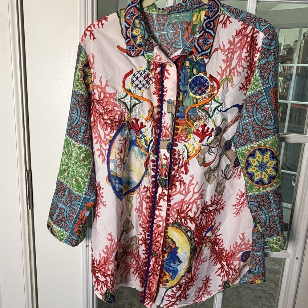 Antica Sartorial By Giacomo Cinque Coral Reef Tile Print Embroidered Tunic M/L